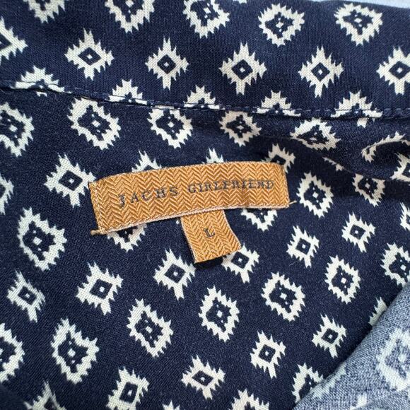 Jach's Girlfriend Large Short Sleeve Button Up Navy Blue and White Blouse - Picture 8 of 8